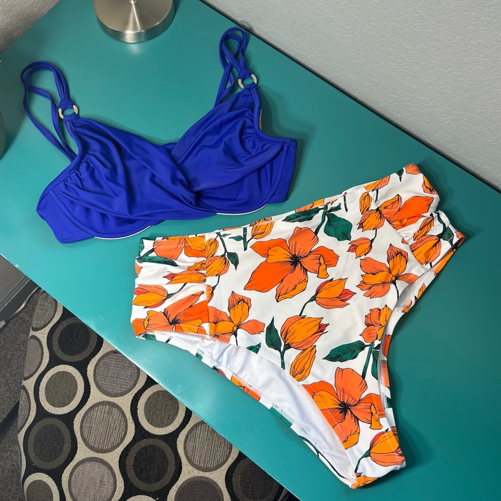 Tara Grinna Blue Top and Orange floral Bottoms bikini